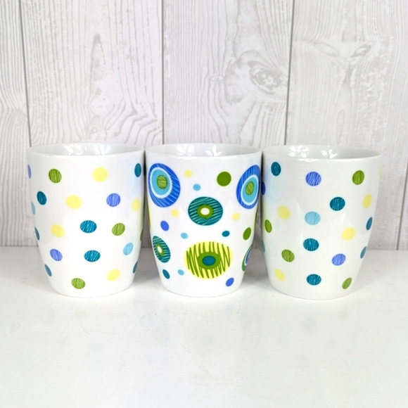 3 Bright Circle Dot Mugs Kmart White Blue Green Yellow Coffee Cups Porcelain - Picture 4 of 8